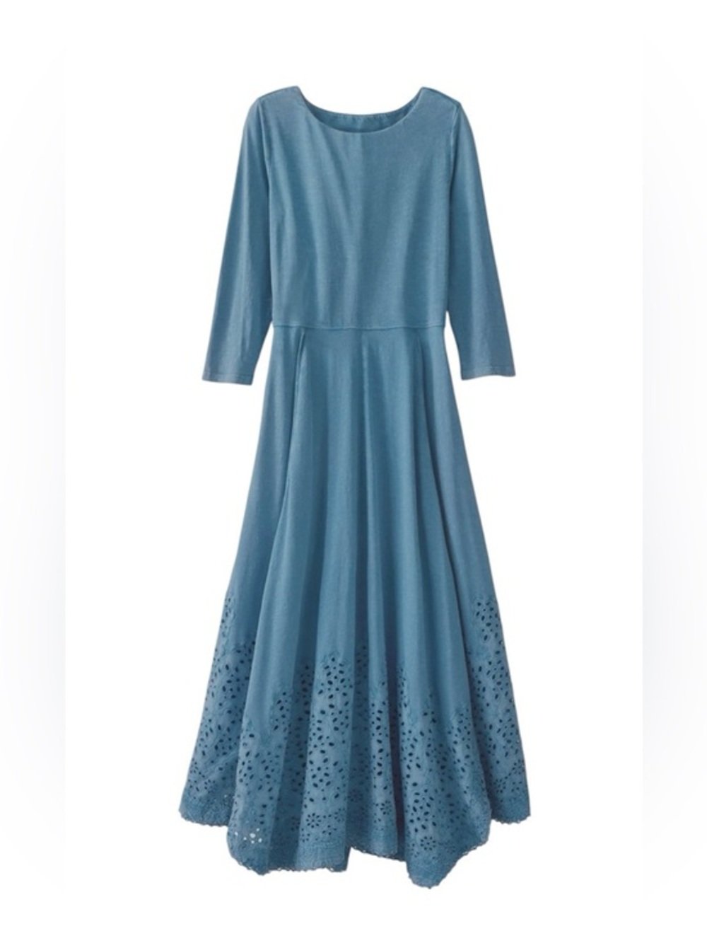 Soft Surroundings Cotton Blue Wash Eyelet Handkerchief Hem Boho Maxi Dress XS